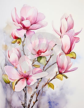 Pink Magnolia Flowers on a Tree Branch Watercolor Painting.