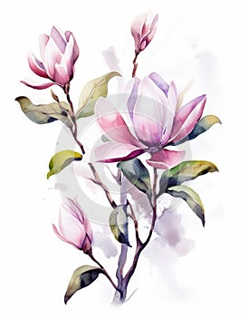 Pink Magnolia Flowers on a Tree Branch Watercolor Painting.