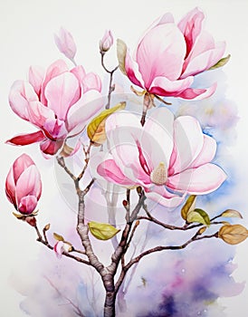 Pink Magnolia Flowers on a Tree Branch Watercolor Painting.