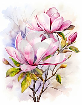 Pink Magnolia Flowers on a Tree Branch Watercolor Painting.