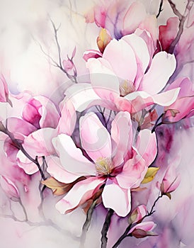 Pink Magnolia Flowers on a Tree Branch Watercolor Painting.