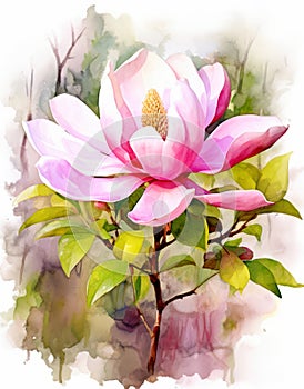 Pink Magnolia Flowers on a Tree Branch Watercolor Painting.