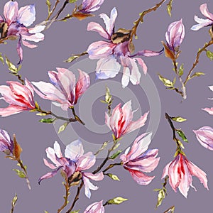 Pink magnolia flowers on a twig on grey background. Seamless pattern. Watercolor painting. Hand drawn.