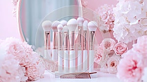 Elegant Pink Makeup Brushes with Roses and Mirror - Beauty and Glamour
