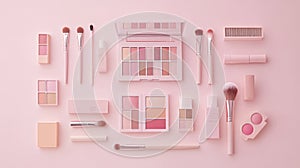 Pink Makeup Products and Brushes Flat Lay
