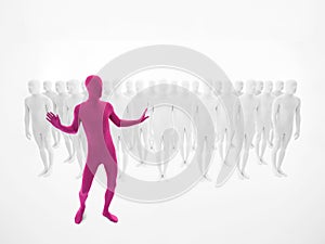 Pink man dancing in front of a crowd