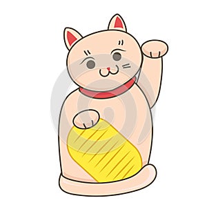 Pink Maneki neko / neco a cat with a raised paw Japanese luck symbol, illustration, love simbol