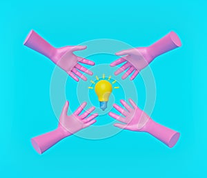 Pink mannequin hands with light bulb isolated on blue background. Conceptual idea. Close up. 3d rendering