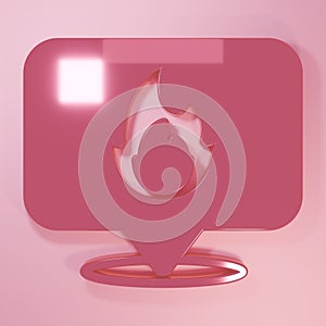 Pink Map pointer with fire flame icon isolated on pink background. Fire nearby. Minimalism concept. 3D render