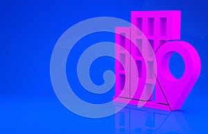 Pink Map pointer with house icon isolated on blue background. Home location marker symbol. Minimalism concept. 3d