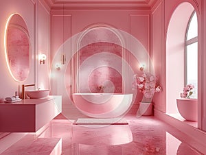 Pink marble bathroom with freestanding bathtub, plants, and gold fixtures
