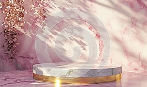 Pink marble podium with shadow of leaves and rose quartz texture background