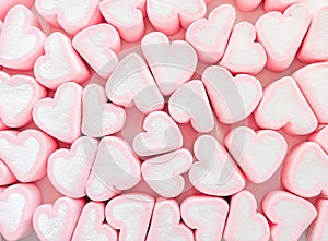Pink marshmallow background, Many hearts marshmallows, Sweets in the form of hearts of marshmallow. Valentine`s Day Gift