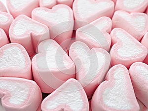 Pink marshmallow close up background, Many hearts marshmallows closeup, Sweets in the form of hearts of marshmallow