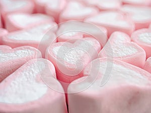 Pink marshmallow close up background, Many hearts marshmallows closeup, Sweets in the form of hearts of marshmallow