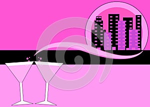 Pink martinis and skyline illustration