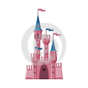 Pink Medieval Fairytale Castle, Fortress with Towers, Ancient Fortified Palace Exterior Vector Illustration