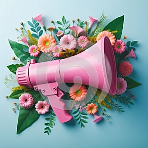 Pink megaphone amid vibrant flowers