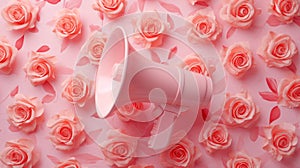 Pink Megaphone Surrounded by Roses - Amplify Your Message in a Delicate Setting photo