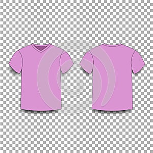 Pink men`s t-shirt template v-neck front and back side views.
