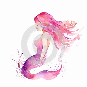 pink mermaid clip art in a watercolor style , discountable white background ,created with artificial intelligence