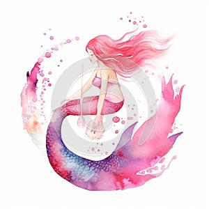 pink mermaid clip art in a watercolor style , discountable white background ,created with artificial intelligence