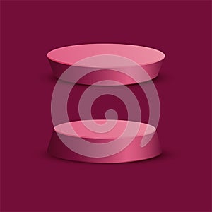 Pink metal round pedestal empty isolated on pink background.