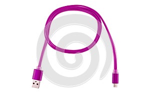 Pink micro-usb cable twisted into a ring, on a white isolated background. Horizontal frame