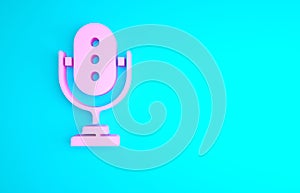 Pink Microphone icon isolated on blue background. On air radio mic microphone. Speaker sign. Minimalism concept. 3d
