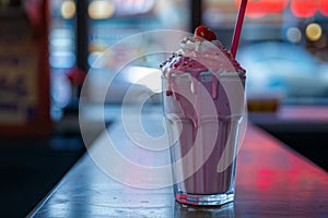 Pink milkshake with raspberries and whipped cream, indulgent treat