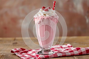 Pink milkshake with raspberries and whipped cream, indulgent treat