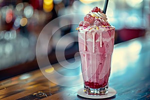 Pink milkshake with raspberries and whipped cream, indulgent treat