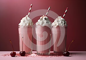 pink milkshake retro cocktail sweet beverage drink ice glass cream. Generative AI.