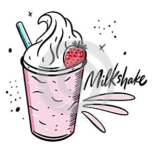 Pink Milkshake with strawberry. Cartoon style vector illustration. Isolated on white background.