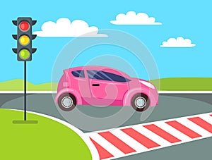 Pink Mini Car Going to Cross Pedestrian Crossing