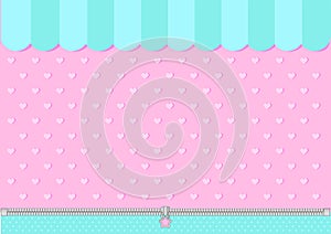 Pink and mint blue green background with little hearts. Candy shop backdrop.