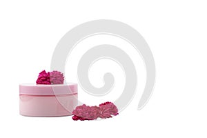 Pink mocap jar for cream, balm, lotion and a small pink-Red roses on a white background.