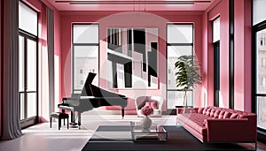 Pink modern living room with a piano. Interior design illustration. Generative AI.