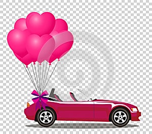 Pink modern opened cartoon cabriolet car with bunch of rose ball