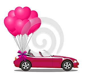 Pink modern opened cartoon cabriolet car with bunch of rose ball