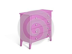 Pink modern wooden chest of drawers on white background