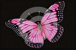 Pink monarch butterfly isolated on black background, anatomically realistic