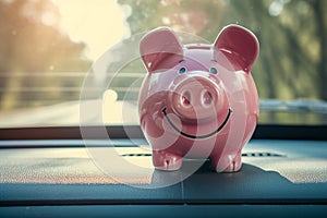 Pink money box in the car. Piggy bank in car interior, vehicle purchase, insurance or driving and motoring cost