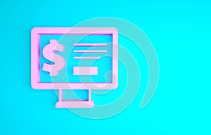 Pink Monitor with dollar icon isolated on blue background. Sending money around the world, money transfer, online
