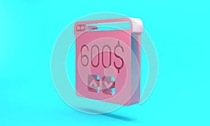 Pink Monitor with dollar icon isolated on turquoise blue background. Sending money around the world, money transfer