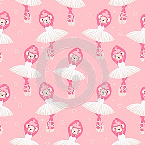 Pink monkey ballerina dance seamless vector pattern.