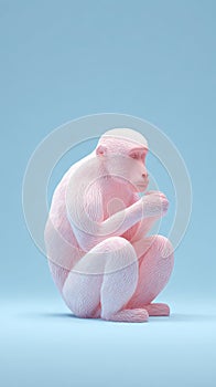 Pink monkey sitting and thinking on a blue background