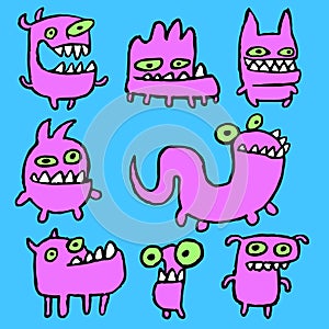 Pink Monsters Emoticons Set. Vector Illustration.