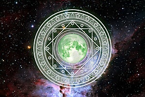 Pink moon in magic six star green energy rotate slow appear galaxy background