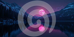 Pink Moon Night Serene Lake and Mountain Landscape